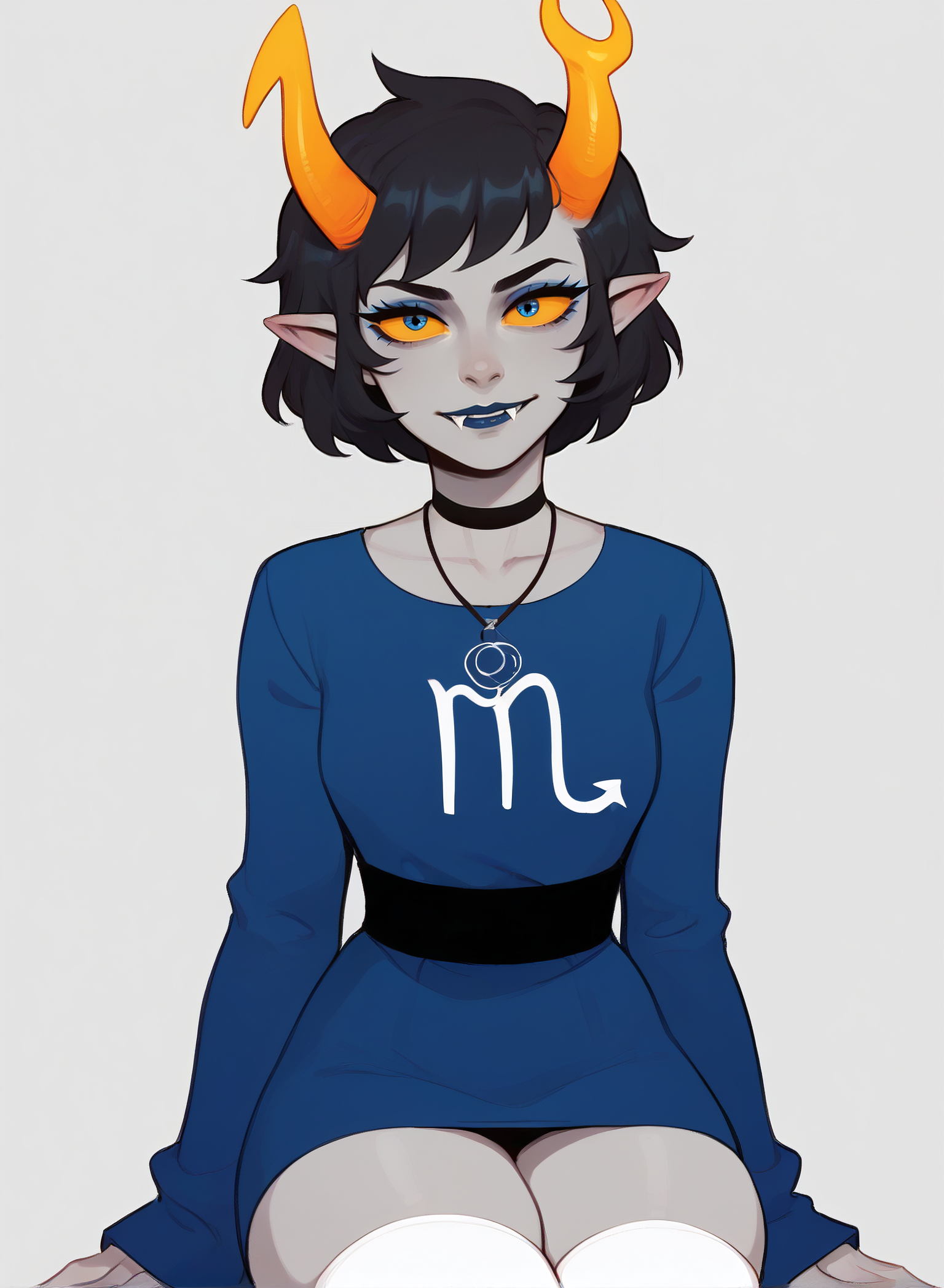 ,score_9, score_8_up, score_7_up, masterpiece, , line art, portrait, anime,, detailed, <lora:Expressive_H:0.45> Expressiveh, <lora:Aranea_serket-000015:0.7> , 1girl,  black hair,  short hair,  yellow sclera, gray skin, pointy ears,  horns, aranea serket, blue dress, collarbone,  long sleeves, white kneehighs,  fangs,  makeup,  necklace,  blue eyes,  thick thighs,  skindentation,   looking at viewer, close-up ,gray background,
