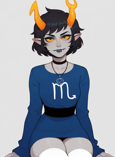 ,score_9, score_8_up, score_7_up, masterpiece, , line art, portrait, anime,, detailed, <lora:Expressive_H:0.45> Expressiveh, <lora:Aranea_serket-000015:0.7> , 1girl, black hair, short hair, yellow sclera, gray skin, pointy ears, horns, aranea serket, blue dress, collarbone, long sleeves, white kneehighs, fangs, makeup, necklace, blue eyes, thick thighs, skindentation, looking at viewer, close-up ,gray background,