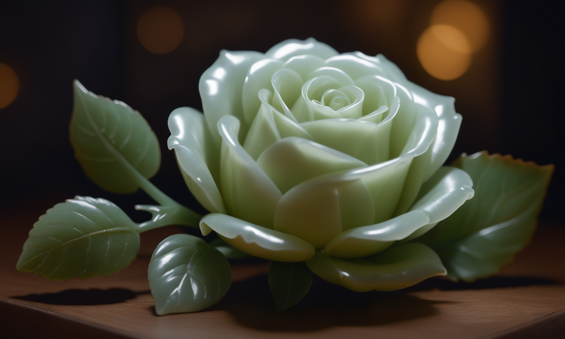 cinematic film still <lora:jadecarvingcd_xl-000007:0.8>,a handmade model toy of a rose with leaf made of (jadecarvingcd_xl,jade carving,translucent) on table,no humans,long-focus,indoors,full body,wooden table,cutie,cute,still life,front view . shallow depth of field, vignette, highly detailed, high budget, bokeh, cinemascope, moody, epic, gorgeous, film grain, grainy, 8K, HDR, UHD, masterpiece, best quality, highly detailed, high resolution, finely detail, extremely detailed, ultra detailed, wallpaper