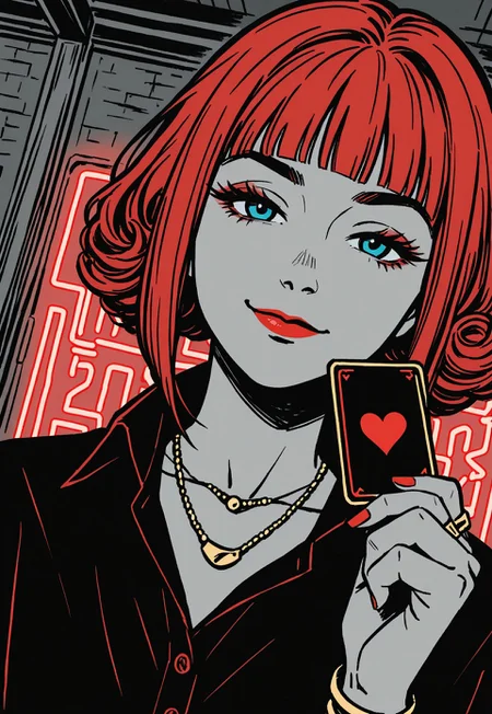 1girl, solo, detailed face, detailed eyes, short hair, red hair, curly hair, blunt bangs, inverted bob, thick eyebrows, thick eyelashes, blue eyes, collarbone, 
BREAK 
black shirt, collared shirt, gold jewelry, bracelet, necklace, red lips, red nails, 
BREAK
straight-on, close-up, dutch angle, looking at viewer, upper body, smirk, holding card (playing card), (ace of hearts:1.1), 
BREAK
indoors, dimly lit, neon lights, nightclub, party, detailed background, 
BREAK 
(safe_pos, fine texture, masterpiece, ultra-detailed, very aesthetic, absurdres, volumetric lighting, scenery, newest, absolutely eye-catching, vivid colors, rating_explicit), 
BREAK
(monochrome, greyscale, partially colored, spot color, black and red theme:1.3), aja,
BREAK