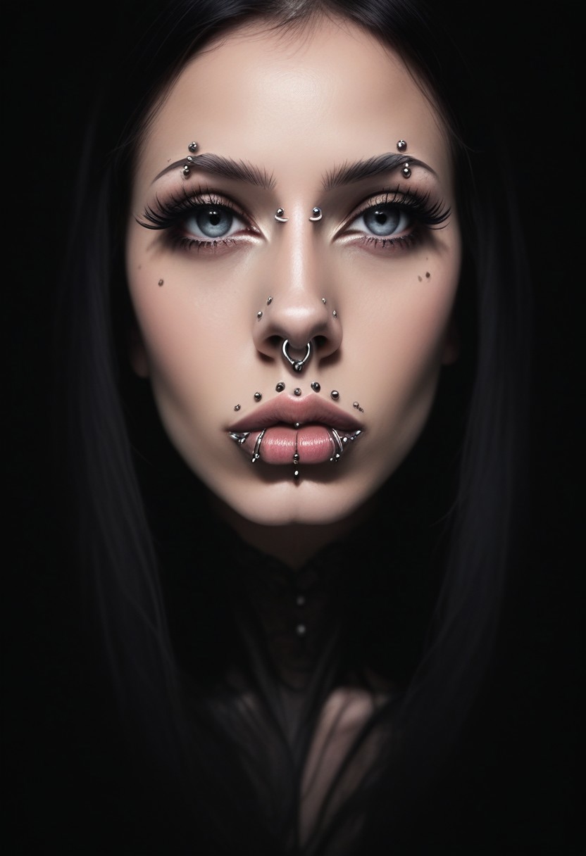 score_9, score_8_up, score_7_up, rating_safe, concept art, realistic, dark theme, low light.
1girl, solo, ExtrFacePiercing.
Lips Piercing.