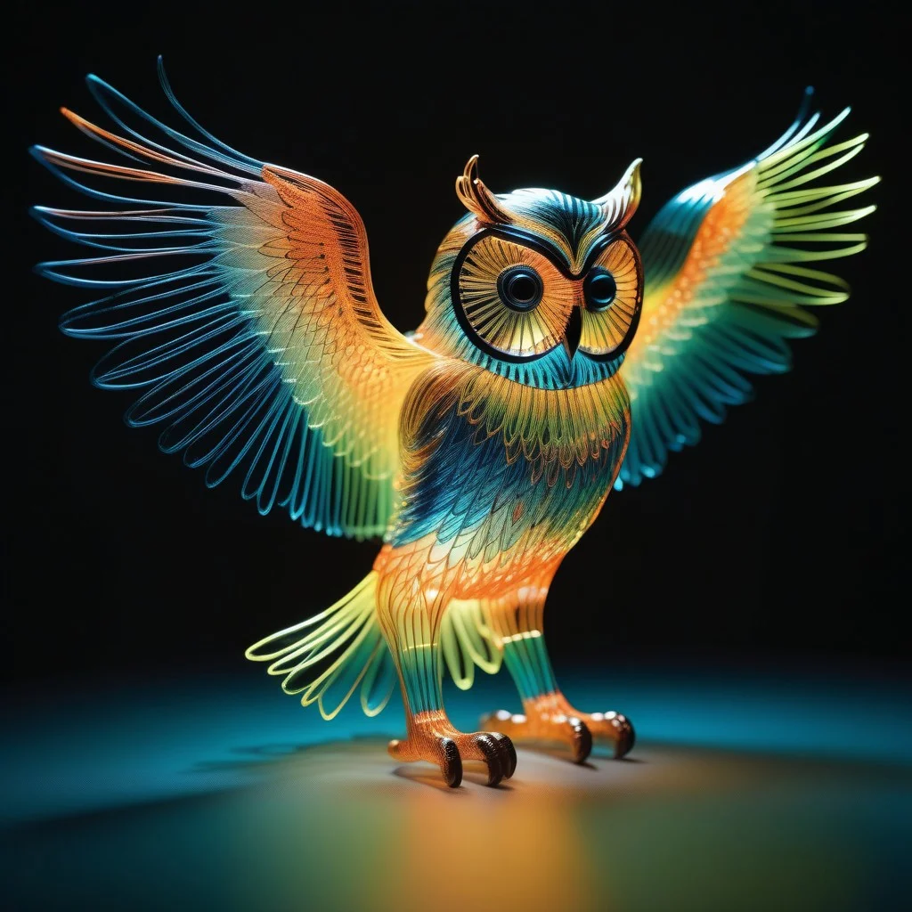 made of tiny neon glass filaments, w0gf1l, a figure of an owl with spread wings,
masterpiece, best quality, ultra details, intricate, ornate, filigree,
ultrarealistic, creative, artistic