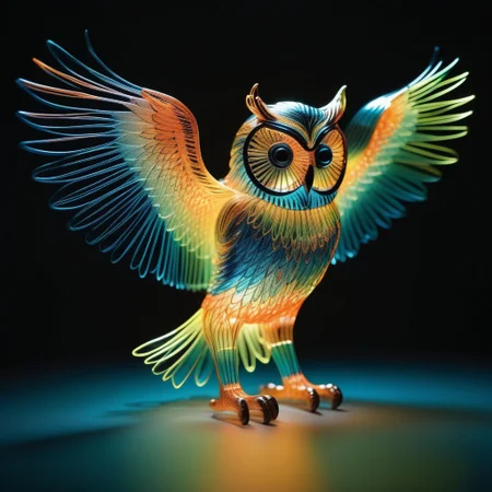 made of tiny neon glass filaments, w0gf1l, a figure of an owl with spread wings,
masterpiece, best quality, ultra details, intricate, ornate, filigree,
 ultrarealistic, creative, artistic
