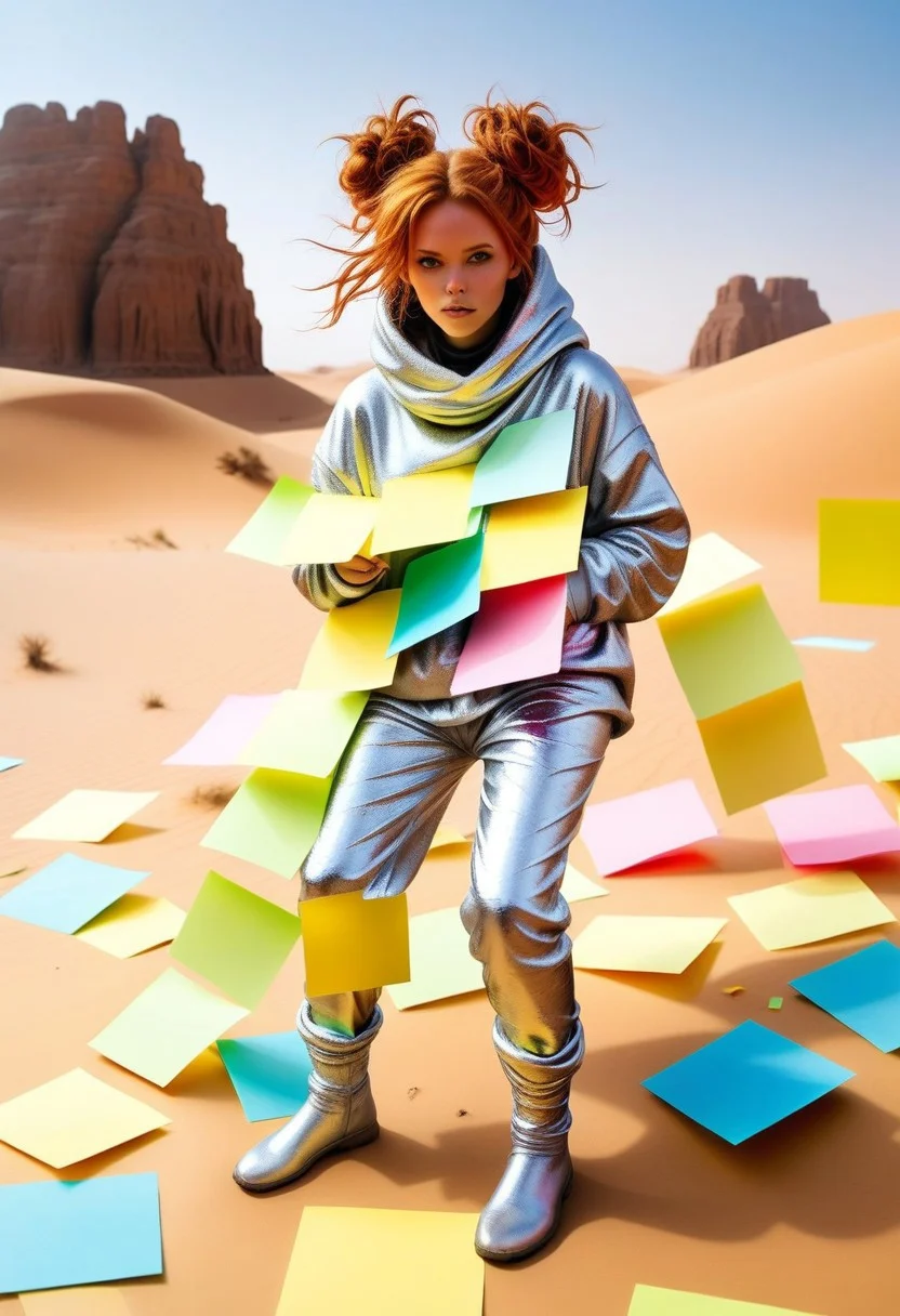 masterpiece, best quality,
1girl, woman, Bunij, ginger hair, hair buns, <lora:Bunij:0.9>, wearing shaggy silver legwarmers, shaggy silver fleece pants, fluffy oversized silver hoodie, in the middle of the Sahara desert, desperately ((fighting a monster made from Jed-StickyN sticky notes))