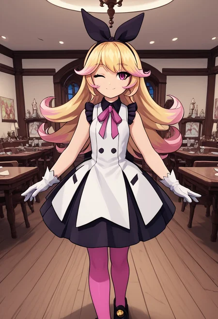 score_4,score_5,score_6,score_7_up,score_8_up,score_9
((masterpiece,best quality,ultra detailed,highres,HD,4k:1.2)),
1girl,solo,
dark pink eyes, blonde hair, long hair, hairband, ribbon, multicolored hair, pink hair tips, bangs, ribbon on clothes, pink pantyhose, white gloves, gloves, sleeveless dress, frilly dress, black footwear, black shoes,
standing,Indoors, luxurious interiors,holding a playing card, smile, wink,