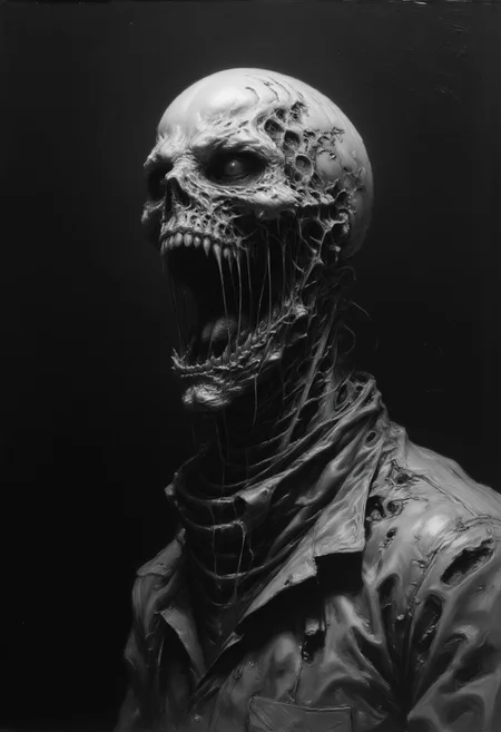 highly detailed oil painting of a skeletal skull with a grotesque, open-mouthed scream, exuding dark, smoky tendrils. The skull, rendered in shades of gray and black, appears to be disintegrating and his eyes are glowing in agony. The background is a muted black, enhancing the horrifying and eerie atmosphere. The image is a close-up, capturing the skull from the side and below angle.