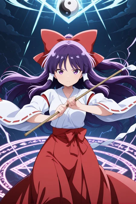 absurdres, highres, masterpiece, best quality, amazing quality, official anime artwork, screencap, anime screencap, serious, looking at viewer, dynamic pose,
<lora:Reimu-Hakurei-PC98_Illustrious:1> Reimu98, 1girl, solo, purple eyes, purple hair hair, long hair, sidelocks, small breasts,, hair bow, red bow, hair tubes, white tubes, white shirt, attached ribbon-trimmed sleeves, red skirt, long skirt,
danmaku, ofuda, light particles, floating hair, orbs, yin yang orb, fighting stance, magic circle, storm, holding gohei,