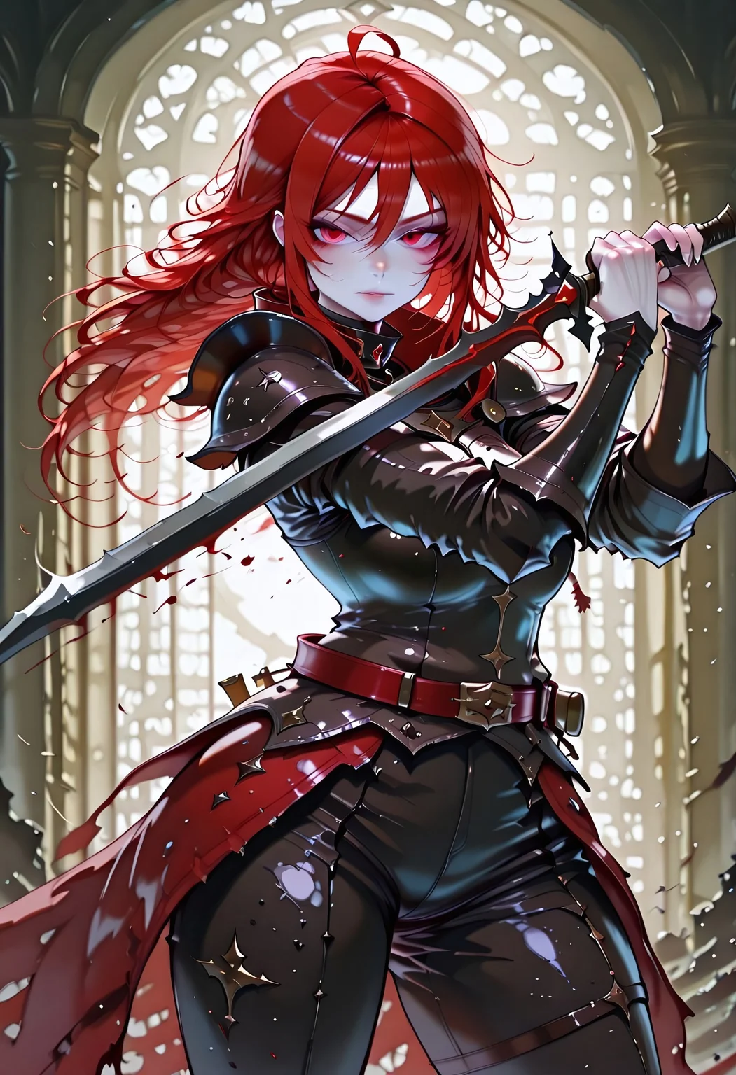 masterpiece, best quality, highres, absurdres, amazing quality, high resolution, 
Red Eyes, Red Hair, pale skin, Black Medieval Armor, leather straps
curved blade, <lora:sword-guard-stance-illustriousxl-lora-nochekaiser:1>, sword guard stance, sword, weapon, solo, , holding, holding weapon, holding sword, looking at viewer
