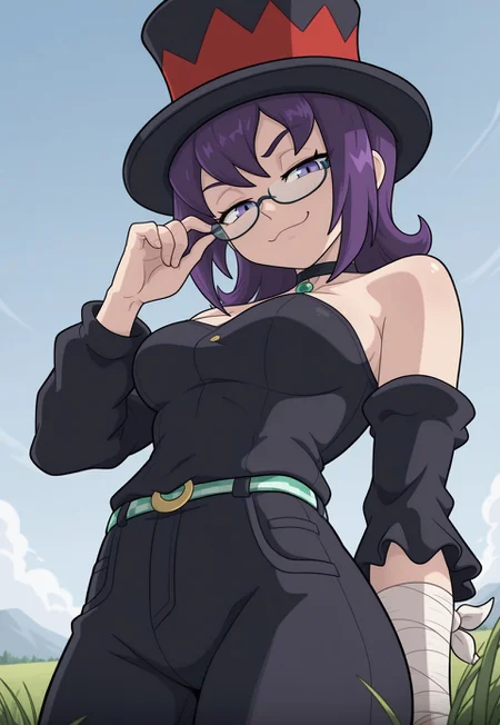 masterpiece, best quality, newest, absurdres, highres, Jade-Utopus, purple eyes, purple hair, medium hair, glasses, top hat, black clothes, bandage on one arm, black pants, belt, detached sleeves, black choker with green gem, solo, alone, outside, grass field, low angle, looking down at viewer, adjusting glasses, smug,