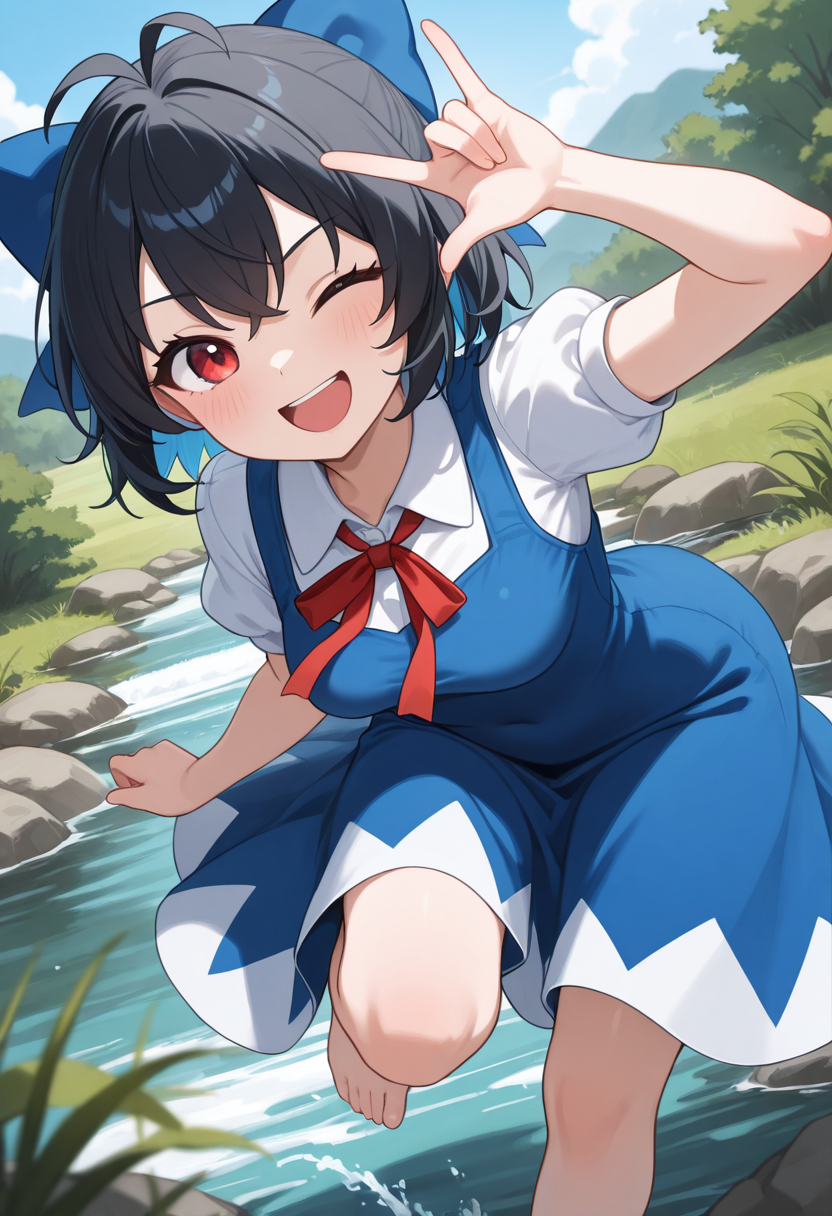1girl,solo,<lora:naruil:0.8>,hakobe_naru,medium breasts,red eyes,antenna hair,short hair,black hair,hair ribbon,blue ribbon,cirno,dress,blue_dress,puffy_short_sleeves,looking_at_viewer,cowboy_shot,dynamic_angle,smile,:d,hand_up,barefoot,\m/,wink,day,stream,knee_up,leaning_forward,standing on one leg,incredibly absurdres,masterpiece,best quality,good quality,newest,
