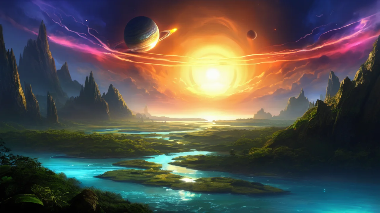 Littoral zone, , floor has a river , , sunset , sunlight with godrays, , lighting strikes, lighting strikes, lighting strikes, , big gas giant, earthlike planet, asteroid belts, ,
lush digital fantasy painting,