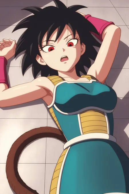 source_anime, score_9, score_8_up, score_7_up, anime screencap, absurd res,
gine, official style, absurd res, 1girl, solo, breasts, short hair, open mouth, black hair, red eyes, medium breasts, fingernails, upper body, lying, on back, armpits, pantyhose, black legwear, looking down, spiked hair, pink wristband, tiles, tile floor, monkey tail, saiyan armor, teeth
<lora:Gine_v1:0.8>
