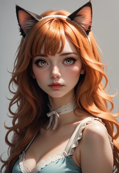 ASCII, photorealistic, OLED, score_9, score_8_up, score_7_up, score_6_up, 1girl, green eyes, soft freckles, copper hair, bangs, strands of hair falling over the face, long hair, cat ears, ((half body, eyes view)), medium breasts, simple grey background  <lora:SnowFoxeij-000006:0.5>, white ribbon choker, looking to viewer, cute face, blue summer dress, cat tail
