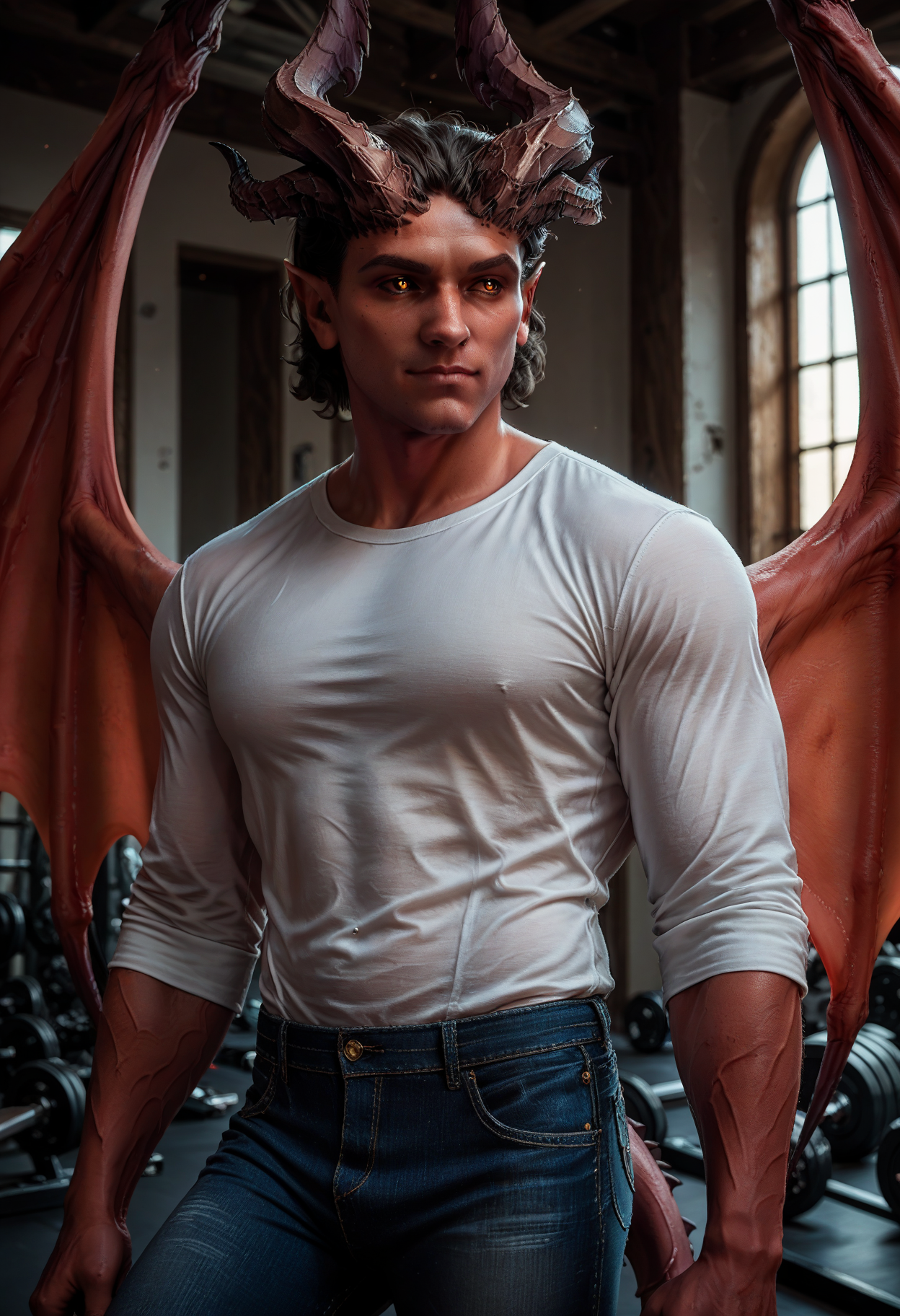 scorscore_9, score_8_up, score_7_up, score_6_up,
haarlep, <lora:haarlepMalePony:1>, demon tail, demon wings,  white shirt, jeans, , gym,, mascular male,