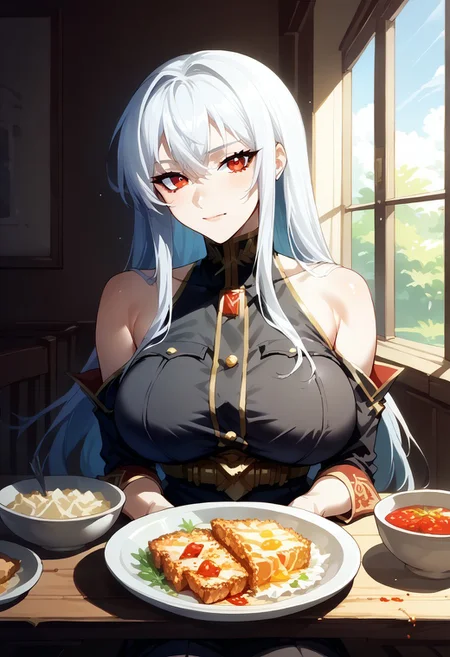 masterpiece,best quality,score_9, score_8_up, score_7_up, score_6_up, source_anime, BREAK 1girl, <lora:selvaria-pdxl-nvwls-v1-000005:1> selvaria, very long hair,(light smile,closed mouth,looking at viewer),(black shirt, bare shoulders, belt, black leggings, detached sleeves,bare hand),(CONCEPT_PovDating_ownwaifu),(dinner,sitting,hands on table),(indoor,table,chair,window),(food focus,typical german food)