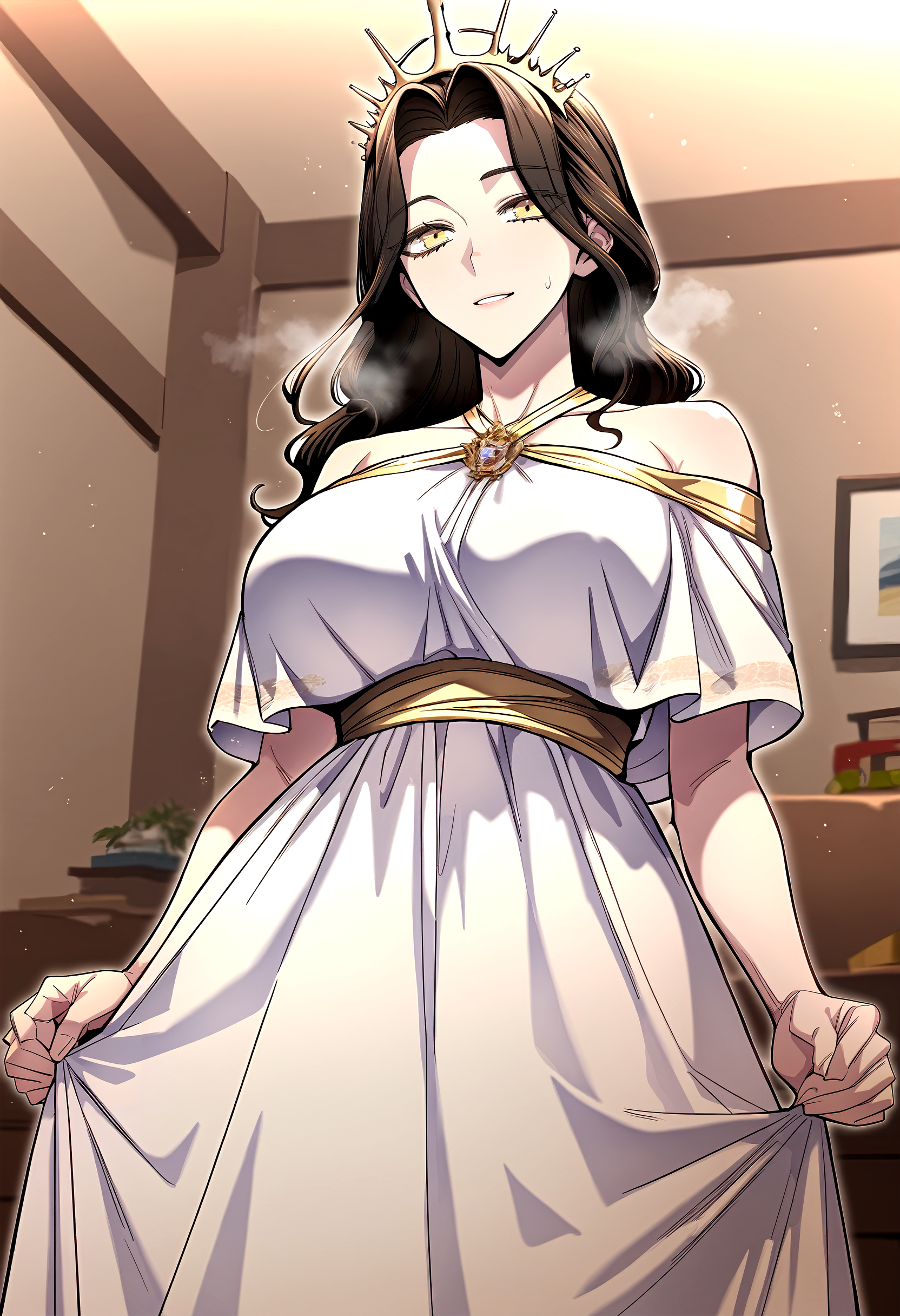 score_9, score_8_up, score_7_up, score_6_up, source_anime, rating_explicit, <lora:neg4all_bdsqlsz_V3.5:2.0>1girl, (solo:1.1), huge breasts, <lora:Queenponyxl:1> long hair, yellow eyes, crown, black hair, brown hair, brown eyes, (forehead:0.8), off-shoulder dress, white dress, light smile, parted lips, Narrow shoulders, heavy breathing, sweat, steaming body, living room, indoor, looking at viewer