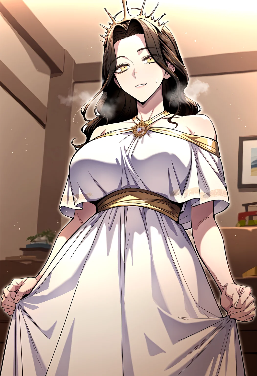 score_9, score_8_up, score_7_up, score_6_up, source_anime, rating_explicit, <lora:neg4all_bdsqlsz_V3.5:2.0>1girl, (solo:1.1), huge breasts, <lora:Queenponyxl:1> long hair, yellow eyes, crown, black hair, brown hair, brown eyes, (forehead:0.8), off-shoulder dress, white dress, light smile, parted lips, Narrow shoulders, heavy breathing, sweat, steaming body, living room, indoor, looking at viewer