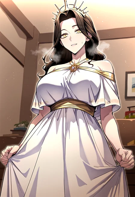 score_9, score_8_up, score_7_up, score_6_up, source_anime, rating_explicit, <lora:neg4all_bdsqlsz_V3.5:2.0>1girl, (solo:1.1), huge breasts, <lora:Queenponyxl:1> long hair, yellow eyes, crown, black hair, brown hair, brown eyes, (forehead:0.8), off-shoulder dress, white dress, light smile, parted lips, Narrow shoulders, heavy breathing, sweat, steaming body, living room, indoor, looking at viewer