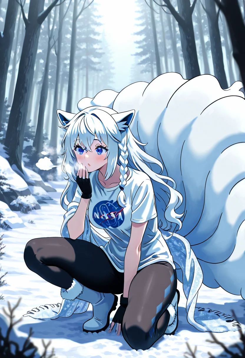 masterpiece, best quality, zzNinetalesA, 1girl, solo, side braid, messy bangs, white t-shirt, embroidered shawl, fleece-lined leggings, fingerless gloves, fur-lined winter boots, frozen forest, crouched pose. In the heart of a silent, snow-draped forest, she crouches near a half-buried relic, her breath fogging as she studies it closely. The embroidered shawl slung over her t-shirt flutters in the cold wind, and icy branches above her creak softly, as if whispering ancient secrets in the frost. N4S4, ,<lora:NASAShirtAnime_IXL_v1:1.0>, <lora:NinetalesAlolanPokedex_IXL_v1:0.8>,