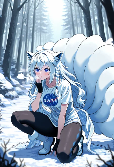 masterpiece, best quality, zzNinetalesA, 1girl, solo, side braid, messy bangs, white t-shirt, embroidered shawl, fleece-lined leggings, fingerless gloves, fur-lined winter boots, frozen forest, crouched pose. In the heart of a silent, snow-draped forest, she crouches near a half-buried relic, her breath fogging as she studies it closely. The embroidered shawl slung over her t-shirt flutters in the cold wind, and icy branches above her creak softly, as if whispering ancient secrets in the frost. N4S4, ,<lora:NASAShirtAnime_IXL_v1:1.0>, <lora:NinetalesAlolanPokedex_IXL_v1:0.8>,