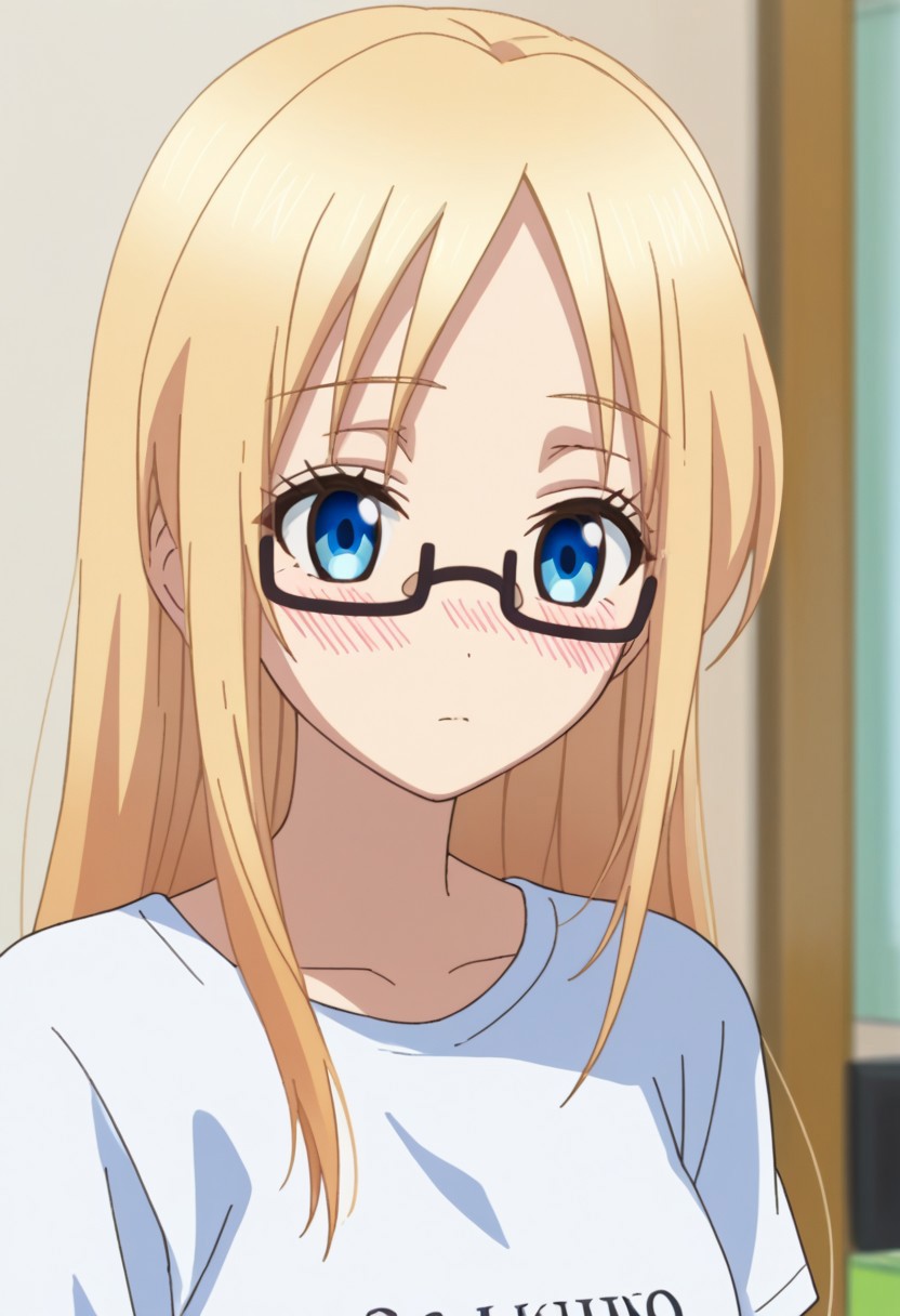 score_9, score_7_up, source_anime
ChisatoMizusawa, 1girl, solo, blue eyes, glasses, blonde hair, long hair, t-shirt, blush,
indoor,