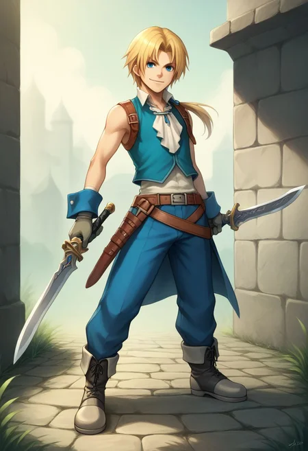 score_9, score_8_up, score_7_up, source_anime, highly detailed, 1boy, solo,
zidane, 1boy, blonde hair, medium hair, monkey tail, low ponytail, parted bangs, weapon,
male focus, solo, gloves, knife, boots, dagger, sword, blue eyes, holding, dual wielding, smile,
outdoor,