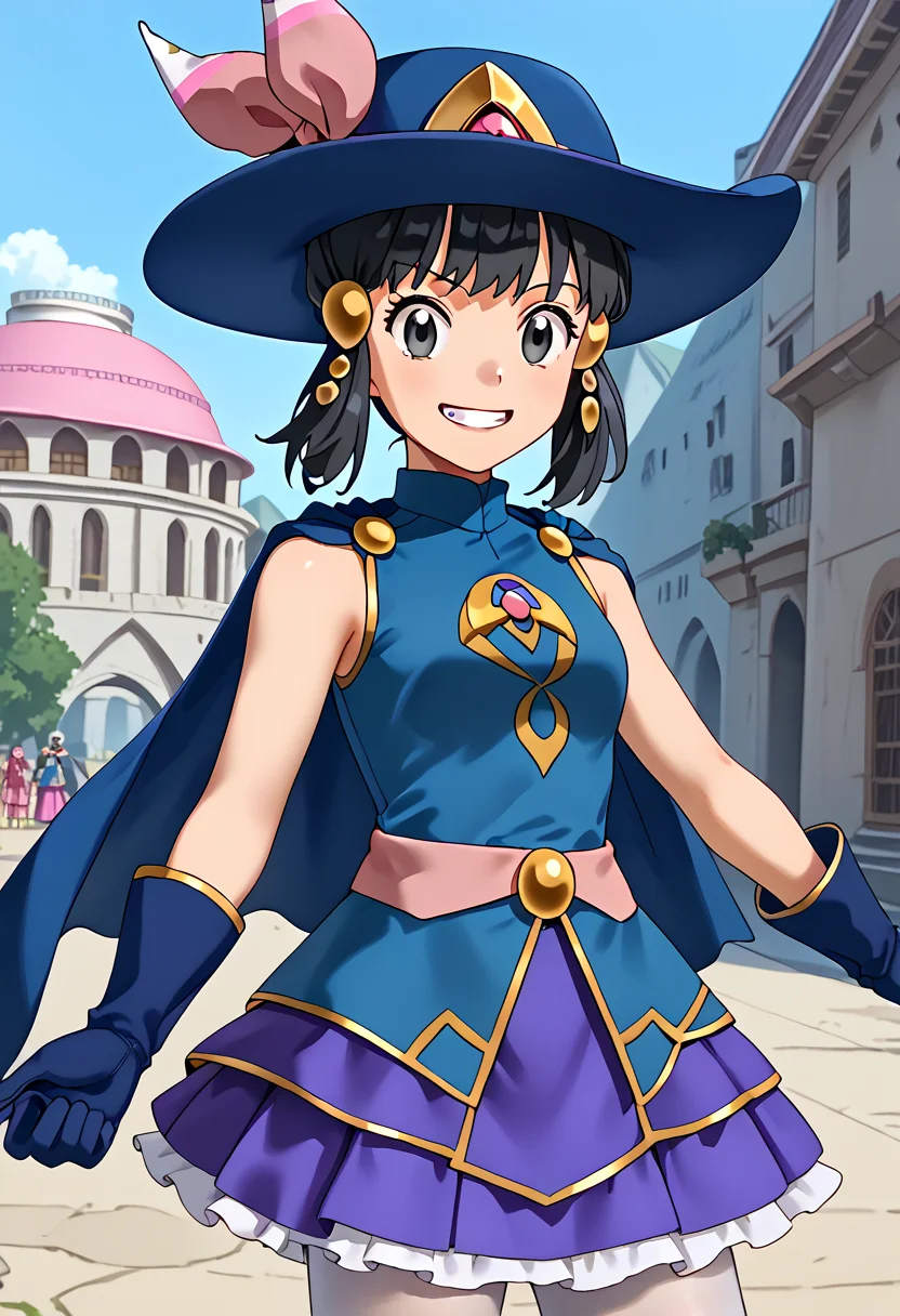 Posing as if hugging a friend, grin, outdoors, 1girl, <lora:DawnPony:1> Dawn_Syg, short hair, black hair, grey eyes, sidelocks, pink bow, blue hat, hair ornament, cape, blue shirt, sleeveless, golden brooch, red gem, pink belt, blue gloves, blue skirt, white pantyhose, blue footwear,