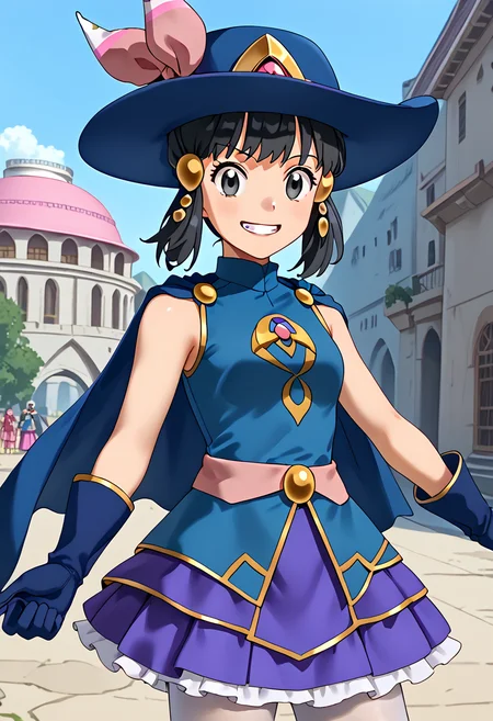 Posing as if hugging a friend,  grin,   outdoors, 1girl, <lora:DawnPony:1> Dawn_Syg, short hair, black hair, grey eyes, sidelocks, pink bow, blue hat, hair ornament, cape, blue shirt, sleeveless, golden brooch, red gem, pink belt,  blue gloves, blue skirt, white pantyhose, blue footwear,