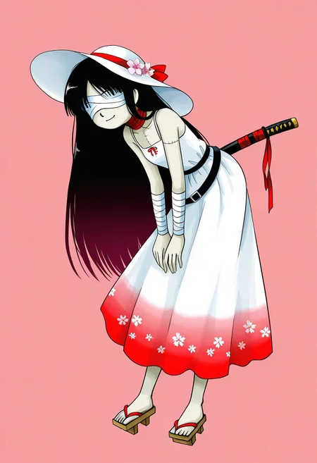 watercolor, aesthetic, colorful, jaggy lines, zun \(style\), BREAK, 1girl, solo, (hunched over, animated corpse, tall, skinny, (very long hair, very long bangs, straight hair, parted bangs, black hair, red gradient hair,) ((cherry blossom, flower in hair)), (long skirt, sun dress, white dress, gradient dress, red gradient dress), (white_summer_hat with red ribbon, red_ribbon), belt, black belt, katana sheath on belt, (stitches on body, white wraps, white bandages, bandages over eyes, arm wraps, neck wrap), geta, leaning forward), smile, full body, simple background,