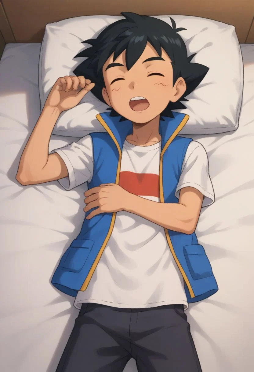 score_9, score_8_up, score_7_up, source_anime, highly detailed, 1boy, solo, male_focused, skinny, slender,
ash_ketchum_journeys, brown eyes, shirt, solo, black hair, open mouth, white shirt, sleeping, eyes closed,
indoor, pillow, cuddling