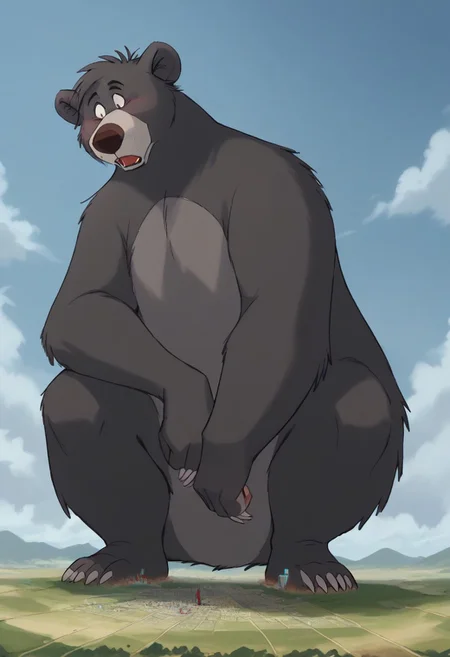 score_9, score_8, score_7, score_6, masterpiece, high quality, (baloo:1.2, bear), two tone fur, dark grey and light grey fur, male, brown eyes, ((macro)), ((giantess)) size, mega size, landscape, cityscape, extremely tiny city, from below, foot focus, foreshortening, clouds, impact, looking down, shocked, ((squatting flat on ground)), presenting both feet,
blue sky, outdoors, masterpiece, pastel colors, muted colors,