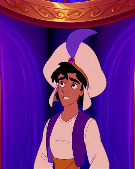masterpiece, best quality, amazing quality, absurdres, DisneyRenstyle, DAladdin, PAladdin, 1boy, male focus, black hair, upper body, purple vest, hat, parody, short hair <lora:Disney_Renaissance_IllustriousV1:1>