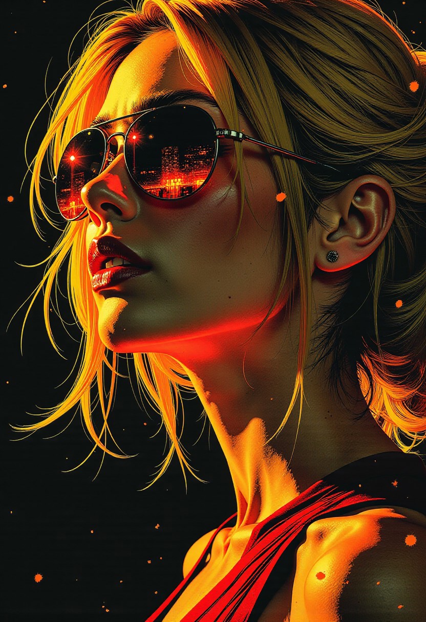 Inkplash art on rice paper, sepia, henna , Silhouette Art, magnificent, inksplash  double exposure, crisp lines, Japanese cityscape inside closeup portrait of stunning japanese woman, blonde loose  hair, mirrorred aviator sunglasses, directional lighting, dark background