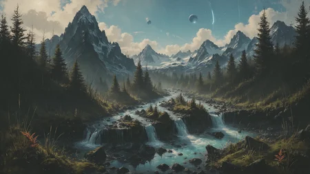alien landscape, Glacial rivers carving through jagged ice formations, Moss-covered rocks beside serene mountain stream , alien flora, Lens Flare, <lora:Misty_Vintage:0.8>, <lora:Dreamyvibes artstyle SDXL - Trigger with dreamyvibes artstyle:0.7> Dreamyvibes Artstyle, <lora:add-detail-xl:0.4>