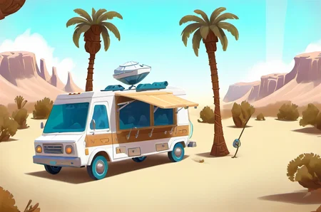 Lost Desert Oasis: Hidden springs, palm tree oases, mirage illusions, nomadic traders, ancient caravans., v3rd, flatee, cartoon, stylized, digital illustration <lora:BACKTOON_0.1_RC:0.8>