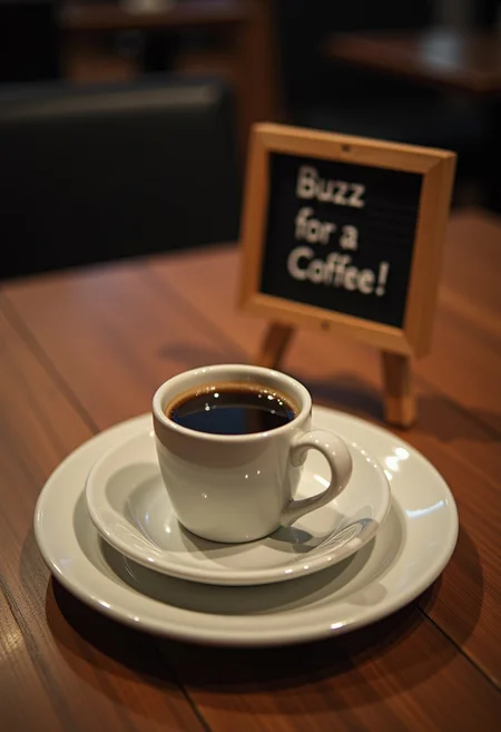 A single coffee on a dinner plate on a table, with a sign next to it saying text ''Buzz For A Coffee!'' cinematic shot,