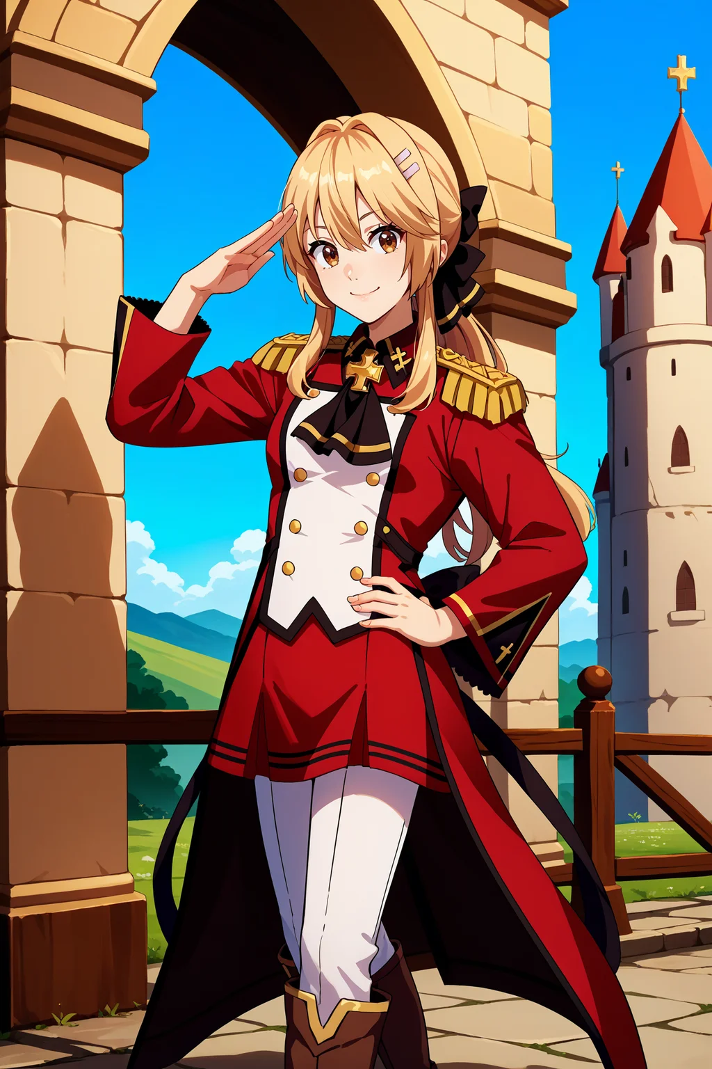 score_9, score_8_up, score_7_up, score_6_up, source_anime, 1girl, solo, <lora:lisciaelfrieden-pdxl-nvwls-v1-000005:1> liscia, blonde hair, low ponytail, brown eyes, hairclip, hair bow, black ascot, red coat, epaulettes, long sleeves, military uniform, red skirt, white pants, brown boots, hand on hip, full body, standing, looking at you, smile, salute, blue sky, medieval, castle