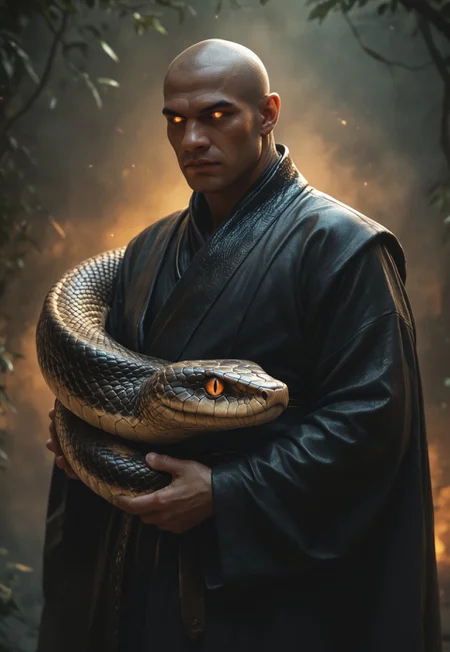 PonyXLV6_Scores, SN3K, snake, lizard, snake, 1boy, male focus, snakeskin, black leather robes, glowing, orange eyes, glowing eyes, scales, animal, slit pupils, oversized animal, animal focus, year of the snake