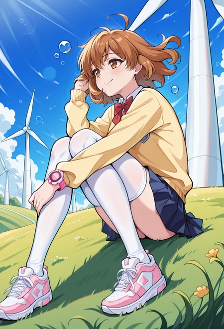 masterpiece, best quality, high quality, anime, <lora:AEYui_1:1>
AeYuiDef, brown eyes, brown hair, curly hair, short hair, school uniform, red bowtie, long sleeves, yellow sweater, shirt, blue skirt, miniskirt, pleated skirt, white thighhighs, zettai ryoiki, shoes, pink wristwatch,
smile, hugging own legs, outdoors, blue sky, wind turbine, hand in own hair, looking away, floating bubble, full body, field,