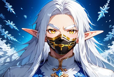(masterpiece), (best quality), source_anime+, perfect anatomy, HD, 10k Res, digital_media_(artwork) hi_res, intricate, high quality, amazing quality, Expressive Face, (1boy, Gold Eyes, (Gold Face Mask), Not Handsome, Average, ((White Hair, White Eyebrows) Long Hair, Thick Hair, Twenty Years Old, Frost_Elf)), Drestoria-Style_V1, semi-realism, nose