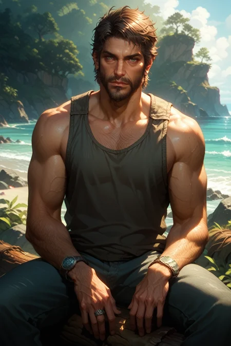 score_9, score_8_up, score_7_up, score_6_up
<lora:TLOUJoel:1.0>
TLOUJoel, 1boy, brown hair, beard, looking at viewer, male model in a tank top, sitting on a large driftwood log, beach in the background, calm ocean, soft lighting, peaceful and relaxed atmosphere
