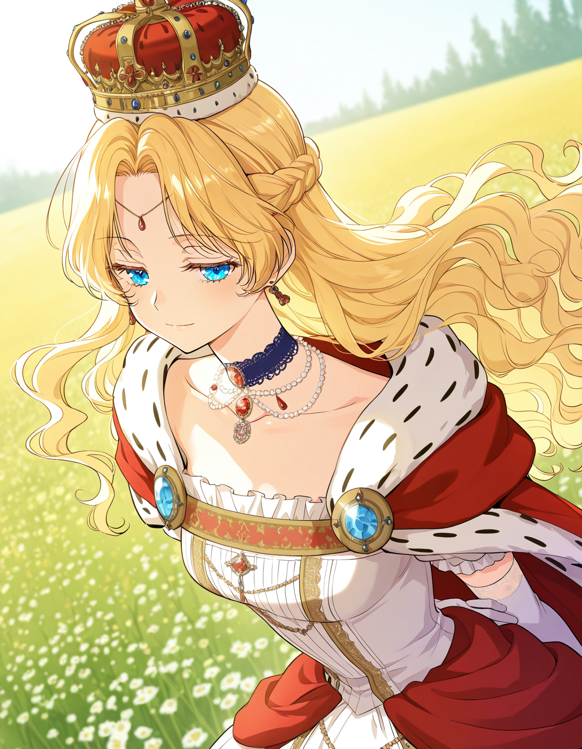 <lora:Athanasia_r1:1>
1 girl, solo, princess, blue eyes, blonde hair, long hair, wavy hair, french braid, bangs, parted bangs
white dress, necklace, collarbone, earrings, choker, gem, jewelry, red cape, crown, bracelete, pearl necklace, white gloves, elbow gloves
score_9, score_8_up, score_7_up, very aesthetic, source_anime, detailed, high quality, beautiful, masterpiece, detailed eyes, field, blurry background, pose dynamic angle, upper body, cowboy shot, light smile, floating hair, half-closed eyes, hands behind back, leaning forward, looking forward, looking at viewer