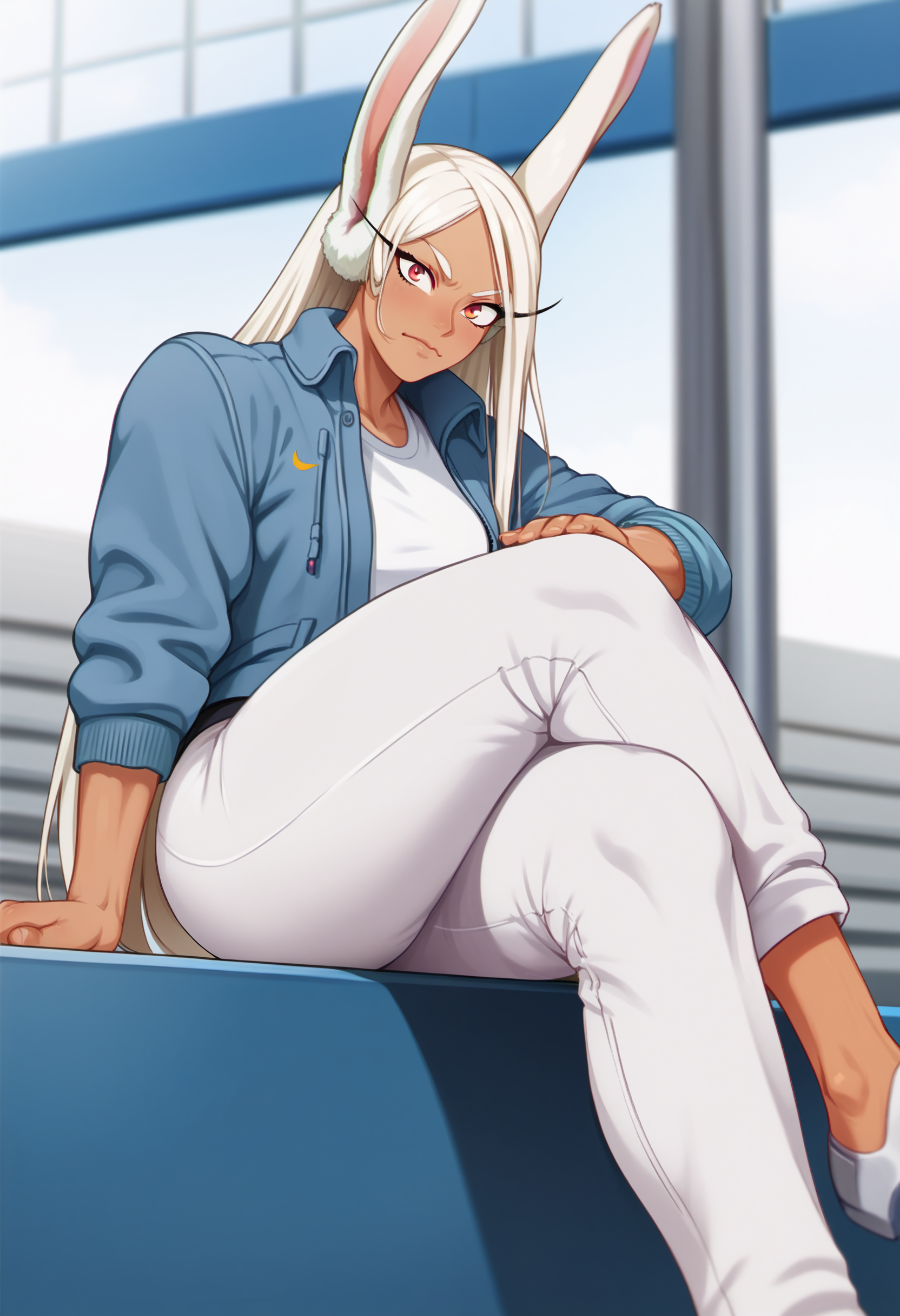 score_9, score_7_up <lora:neocoill-guy-PONY-DORAv1:1>, 1girl, solo, (mirko):0.8, jacket, shirt, sitting, crossed legs, white pants, depth of field