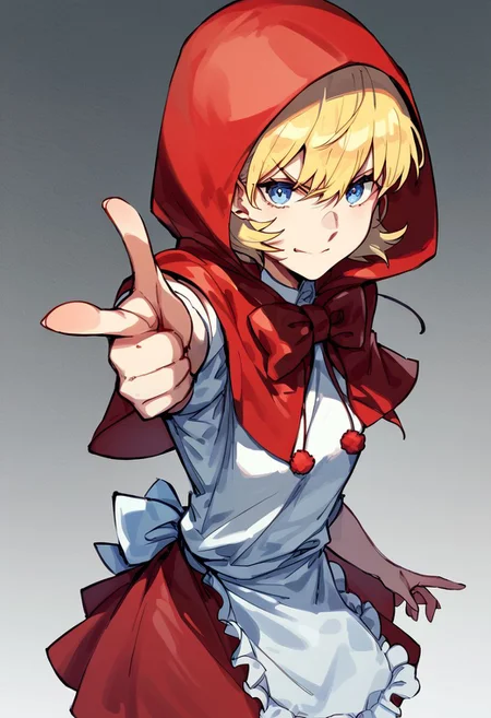 1girl, solo, bulleta, blonde hair, little red riding hood (grimm) (cosplay),red dress,red hood,red capele, fingunatv, finger gun, pointing at viewer, looking at viewer, simple background, white background, score_9, score_8_up, score_7_up