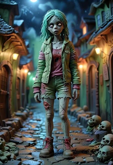 (medium full shot) of (spine-chilling zombie) feminine, petite body, wearing ghastly green torn jacket, dirt-covered shorts, broken boots, blood, torn bandages, set in a spooky town, with dark alleys, flickering lights, eerie sounds, and ghostly apparitions , at night, Masterpiece,best quality, very aesthetic,
