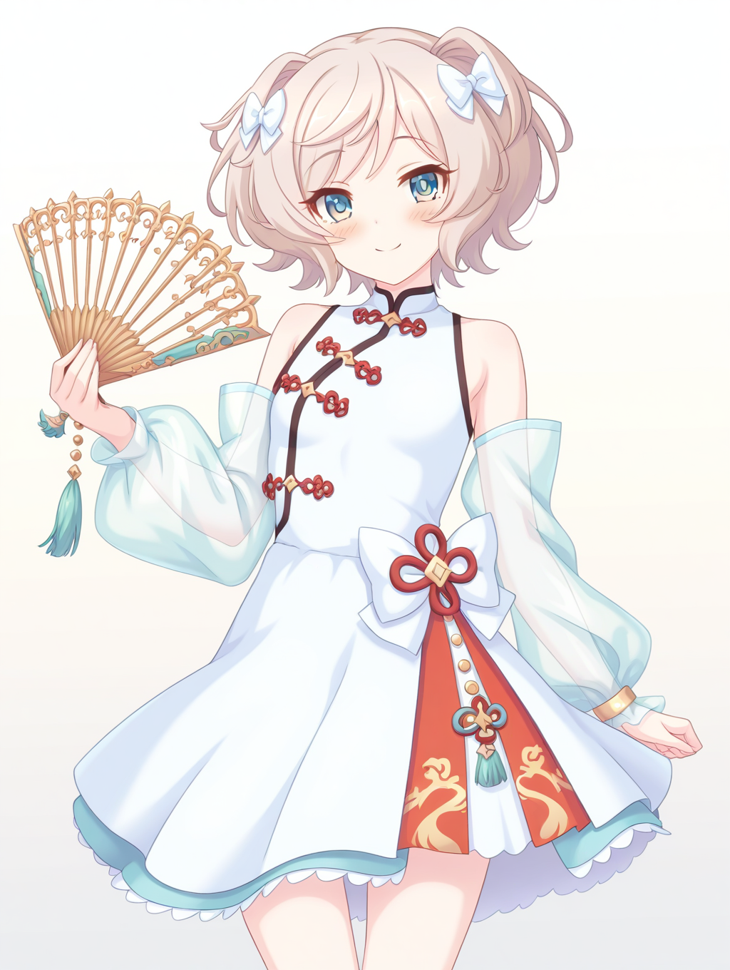 (masterpiece,best quality,ultra_detailed,highres,absurdres:1.2,amazing quality,very aesthetic),<lora:Resplendent Phoenix-pcr_ilxl_v1-000010:0.8>,1girl, solo,hand fan, see-through sleeves, holding fan, smile, chinese clothes, short hair, white dress, bow, looking at viewer, detached sleeves, folding fan, white bow, hair bow, see-through, bare shoulders, light brown hair, closed mouth, blue eyes, blush, skirt, flower knot, long sleeves, resplendent phoenix \(princess connect!\),standing,