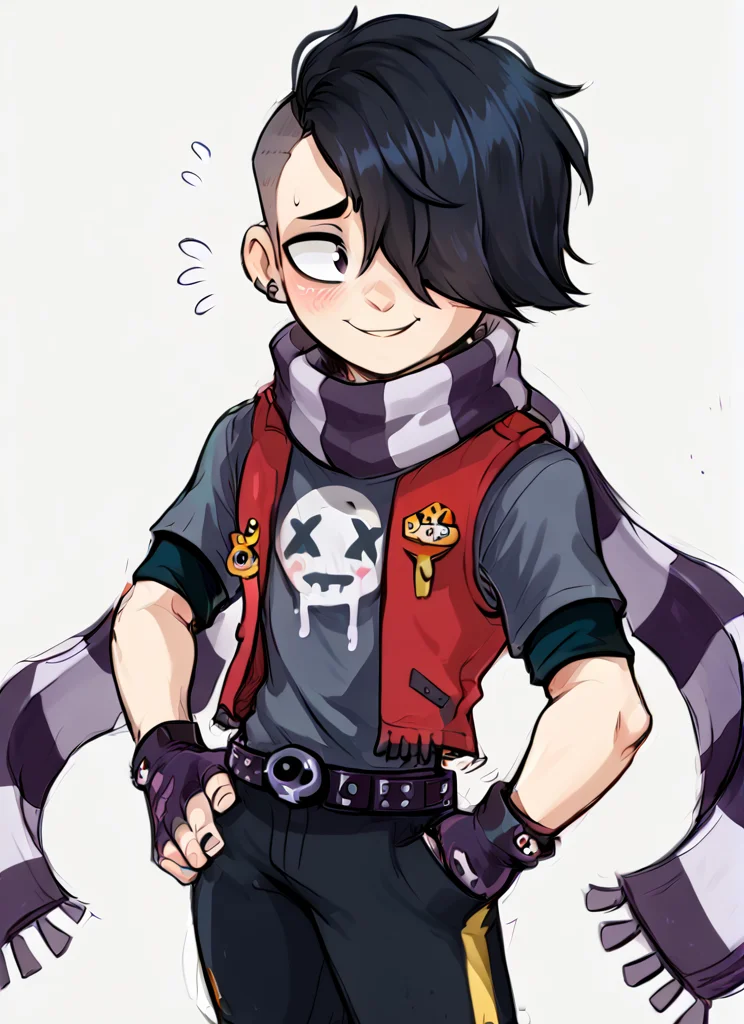 score_9, score_8_up, score_7_up, <lora:bsedgar:1> ear bsedgar , 1boy , short hair , black hair, hair over one eye,piercing, solo,striped scarf ,red vest , grey shirt, short sleeves, belt , black pants ,black gloves, fingerless gloves, blush, nervous smile, <lora:Aer0Zer0_Artist_Style:1>