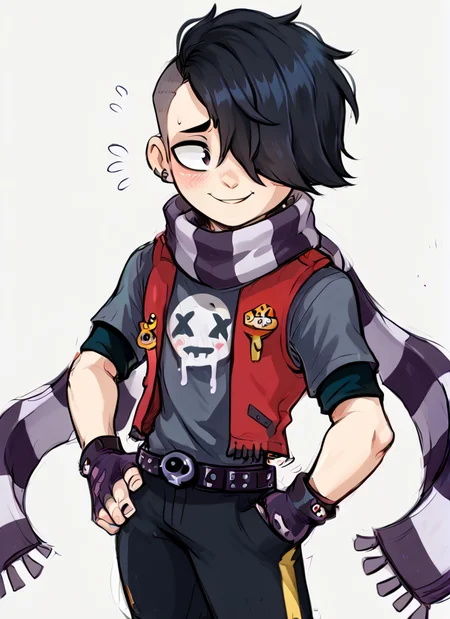 score_9, score_8_up, score_7_up, <lora:bsedgar:1> ear bsedgar , 1boy , short hair , black hair, hair over one eye,piercing, solo,striped scarf ,red vest , grey shirt, short sleeves, belt , black pants ,black gloves, fingerless gloves, blush, nervous smile, <lora:Aer0Zer0_Artist_Style:1>