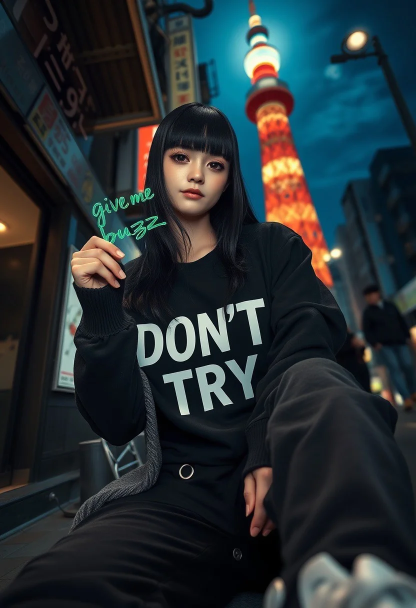 18years old,(best quality),(masterpiece),(ultra detailed), pale skin tone. (((ultra realistic1:2))),1girl,18years old,(best quality),(masterpiece),(ultra detailed),long sleeve, blunt bangs,black hair,black eyes,two side up and long hair, beautiful girl,perfect eyes, goth girl,black eyes,shiny skin, blush,sad smile,pink eyeshadow, ultra long eyelashes . medium breasts, wearing a black t-shirt that accentuates his don't-care attitude with the text "DON'T TRY" in white,holding a Writing in the air that says,"give me buzz"in green, white sneakers,cardigan,black sweatpants,upturn,at tokyo street,moonlight,ral-exposure, at Tokyo Tower ,moonlight, from below, looking at viewer,sitting,foot focus,