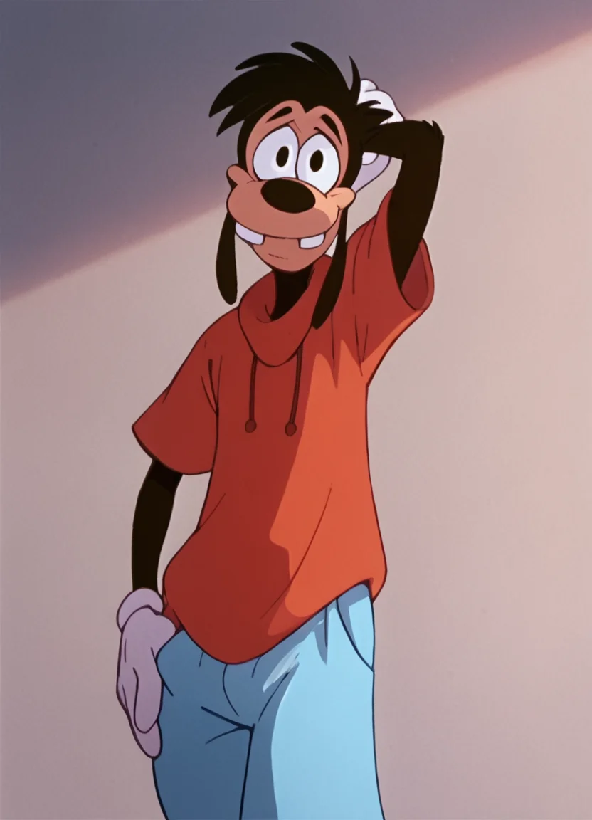 <lora:MaxGoofPony1.0:1.0>max, dog nose, male focus, animal ears, 1boy, solo, black hair, red hoodie, black eyes,teeth, white gloves, blue pants, furry male, score_9, score_8_up, score_7_up, score_6_up, score_5_up, score_4_up, looking at viewer, arm behind head,